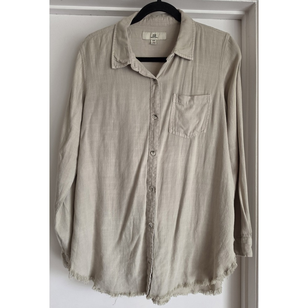 Thread & Supply Women Button-Down Shirt Large Beige Solid Collared Top Blouse